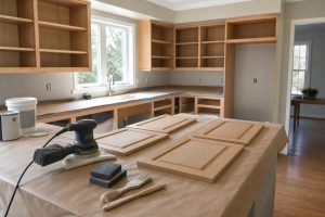 Kitchen cabinet doors removed and prepared for refinishing with tools and supplies ready for work